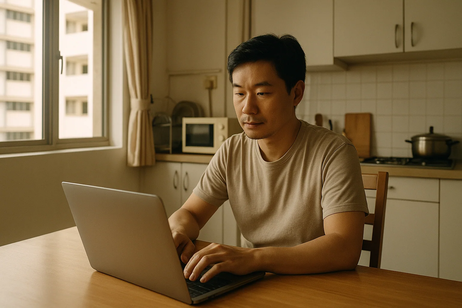 Hero image: an Asian man, 30s–40s, on a laptop at a kitchen table late at night or early morning — in a Singapore HDB flat, soft warm light, relaxed posture. The image of someone taking action on a health issue from home.
