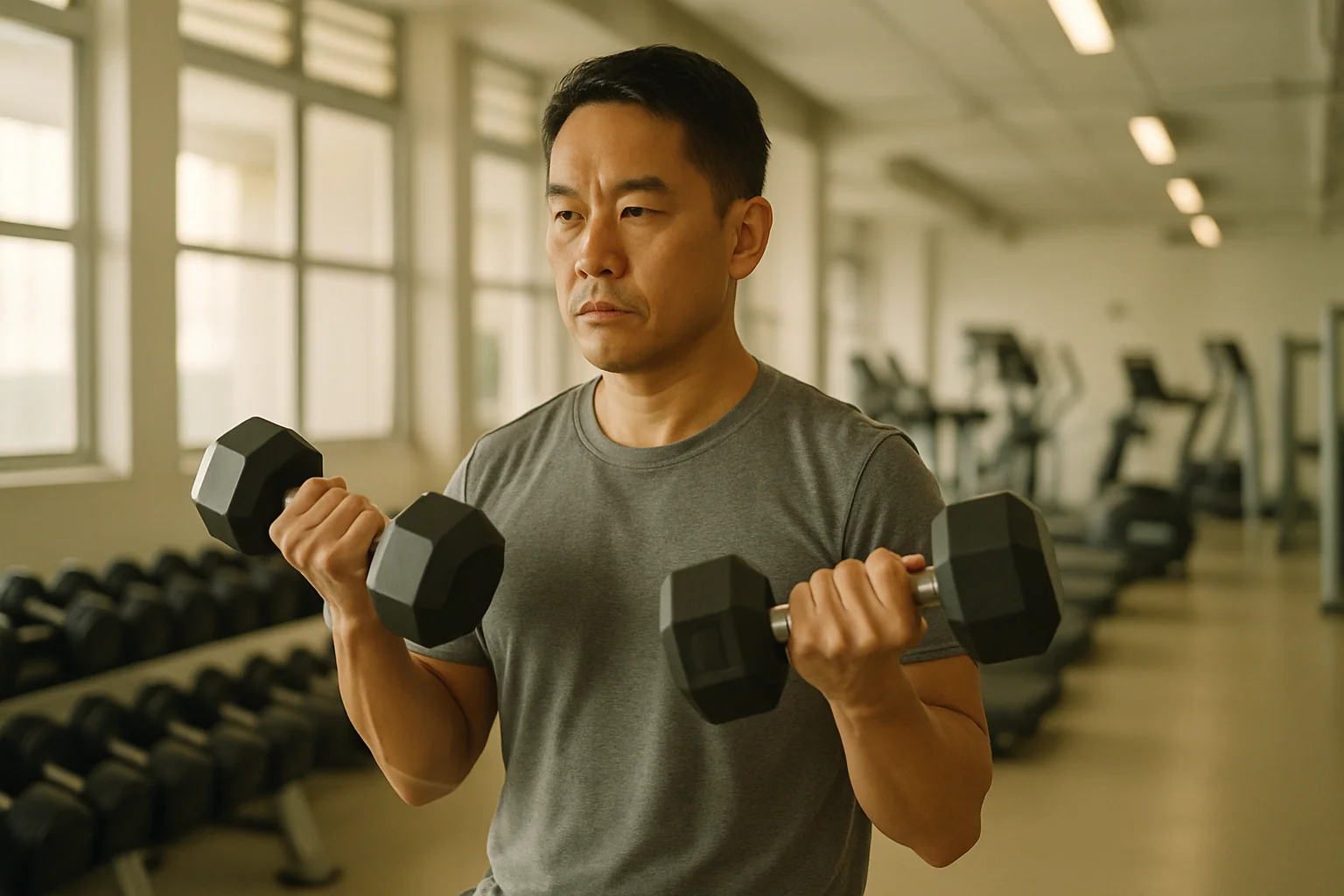 Singapore man in his 40s doing resistance training at a gym, fit but not bodybuilder-level; bright, clean gym environment, natural confidence in expression.