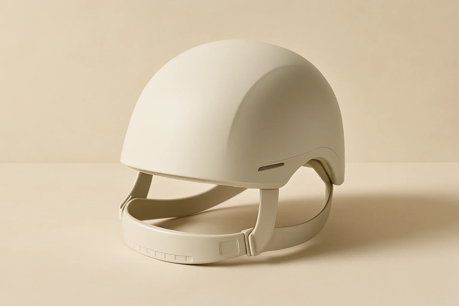 Hero image: Close-up of a man wearing a laser cap device (helmet-style) on a white background. Suggests a home-use medical device. Clean, minimal product-style image. No visible face.