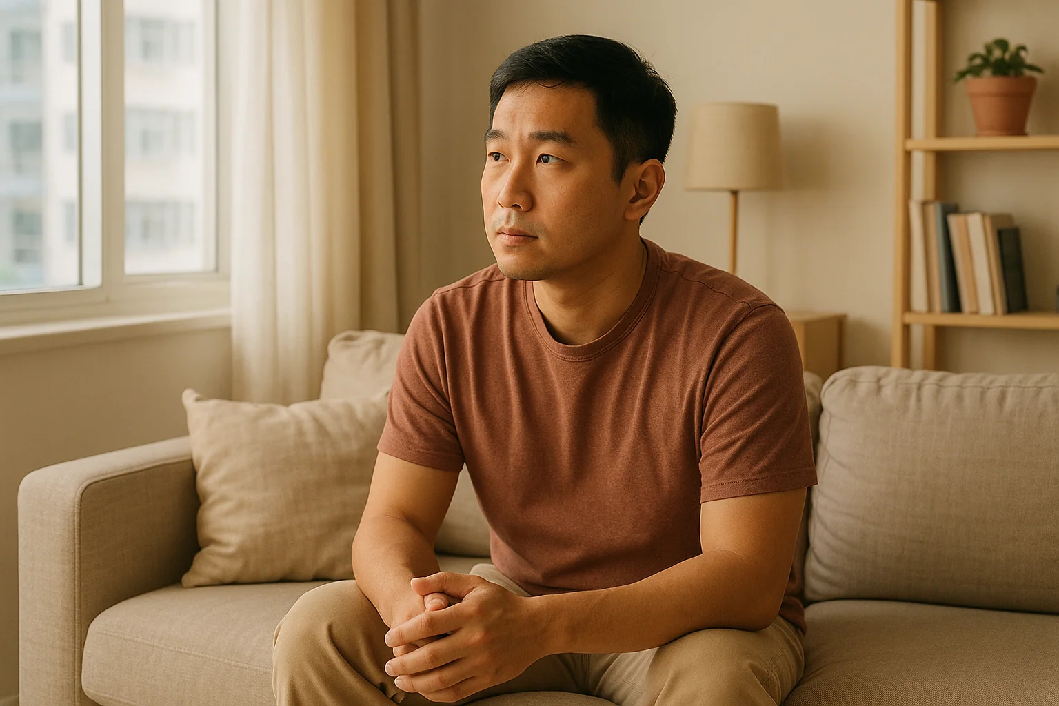 Hero image: Asian man in his late 20s or early 30s, sitting quietly in a well-lit living room — thoughtful but not distressed, representing reflection rather than crisis.