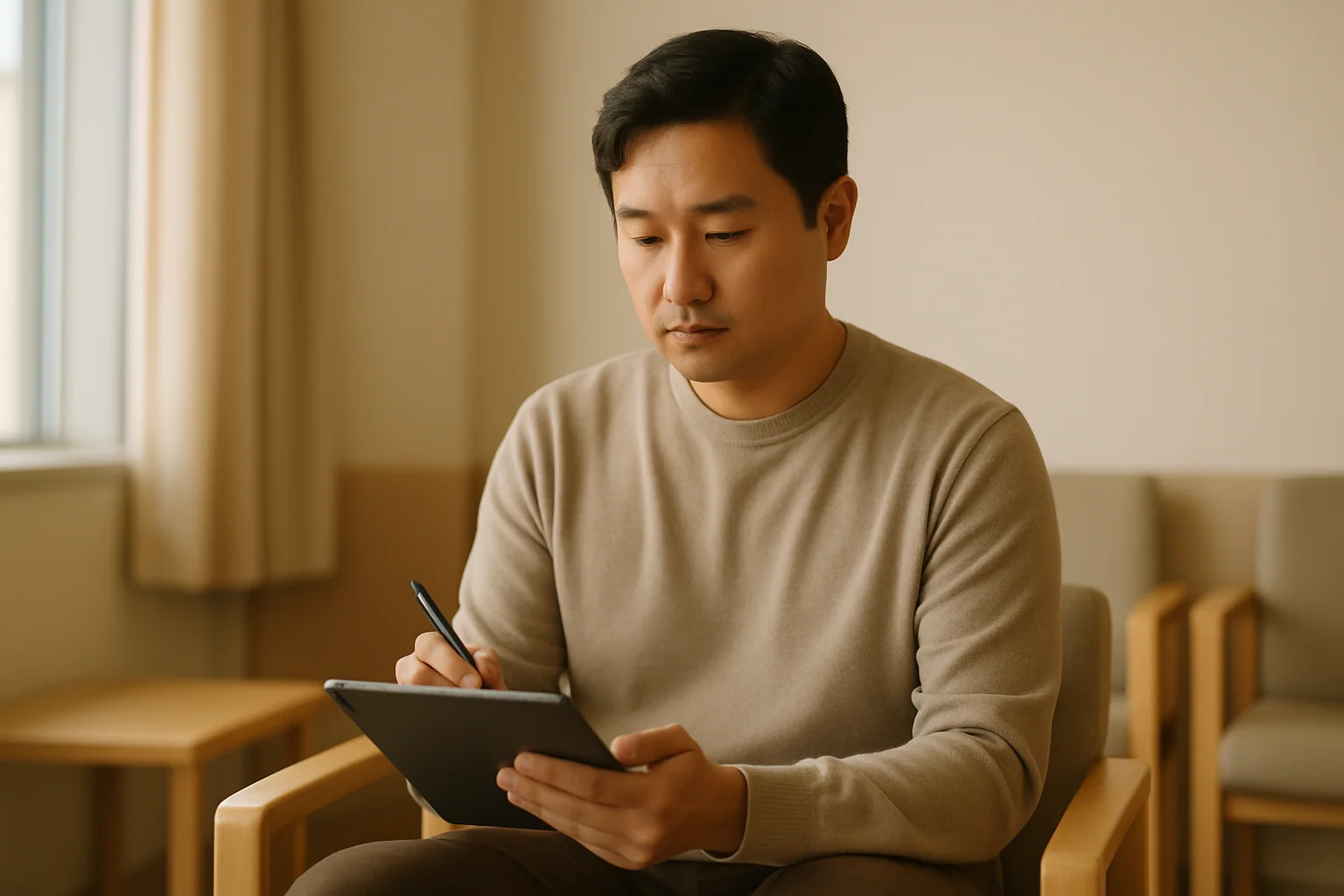 Hero image: Asian man in his 30s completing a form or questionnaire on a tablet, seated in a clean, modern interior — calm and considered rather than clinical or anxious.