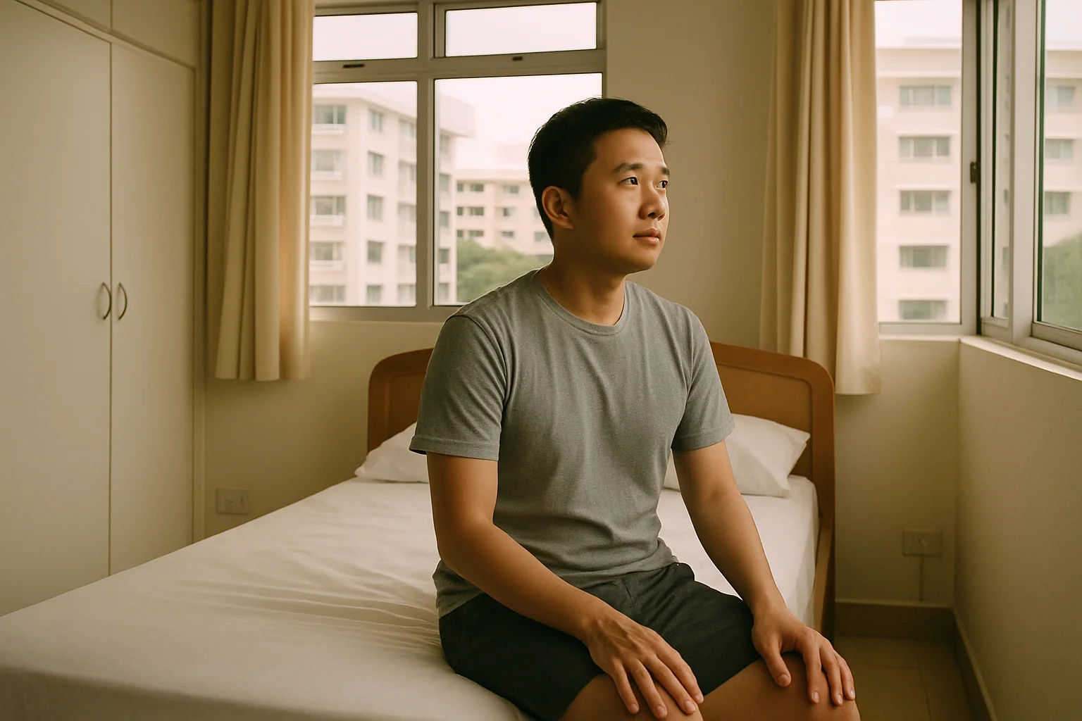 Hero image: man sitting on edge of bed in a dark bedroom, looking contemplative — neither distressed nor dramatic, suggesting quiet introspection rather than crisis.