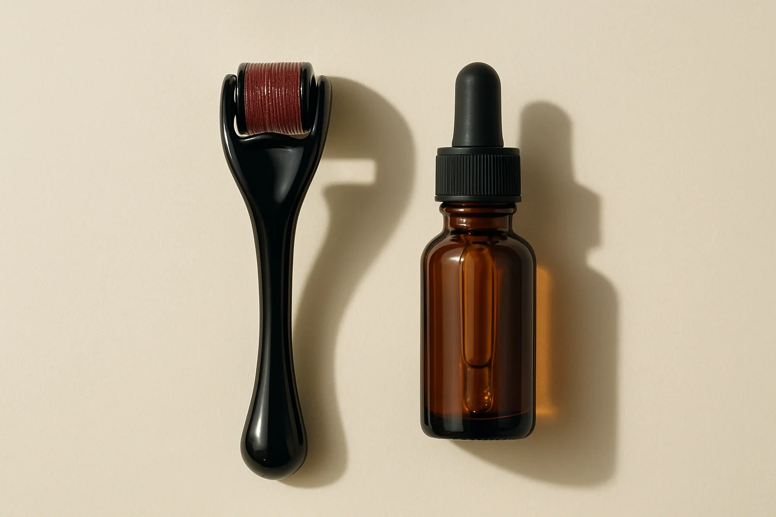 Hero image: Close-up of a dermaroller (microneedle roller device) next to a small bottle of serum on a clean white surface. Minimal, clinical feel. No people or faces.