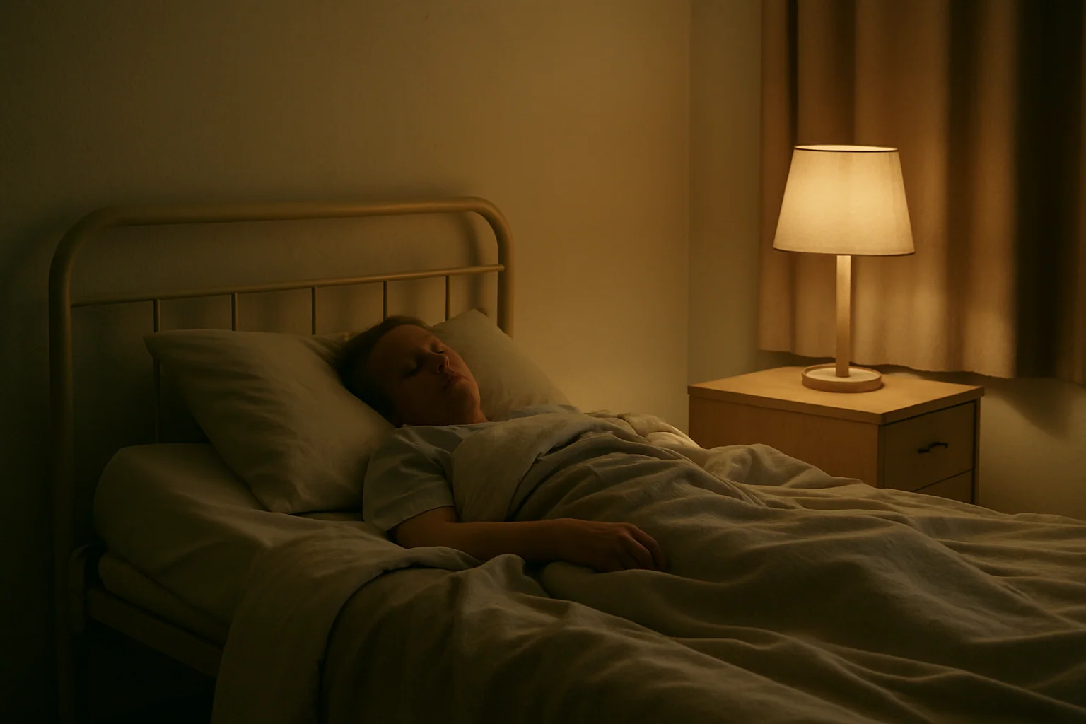 Hero image: A calm bedroom at night — soft lamplight, man sleeping peacefully. Clinical-informational tone, not sensational. Conveys the physiological context of sleep and erections.