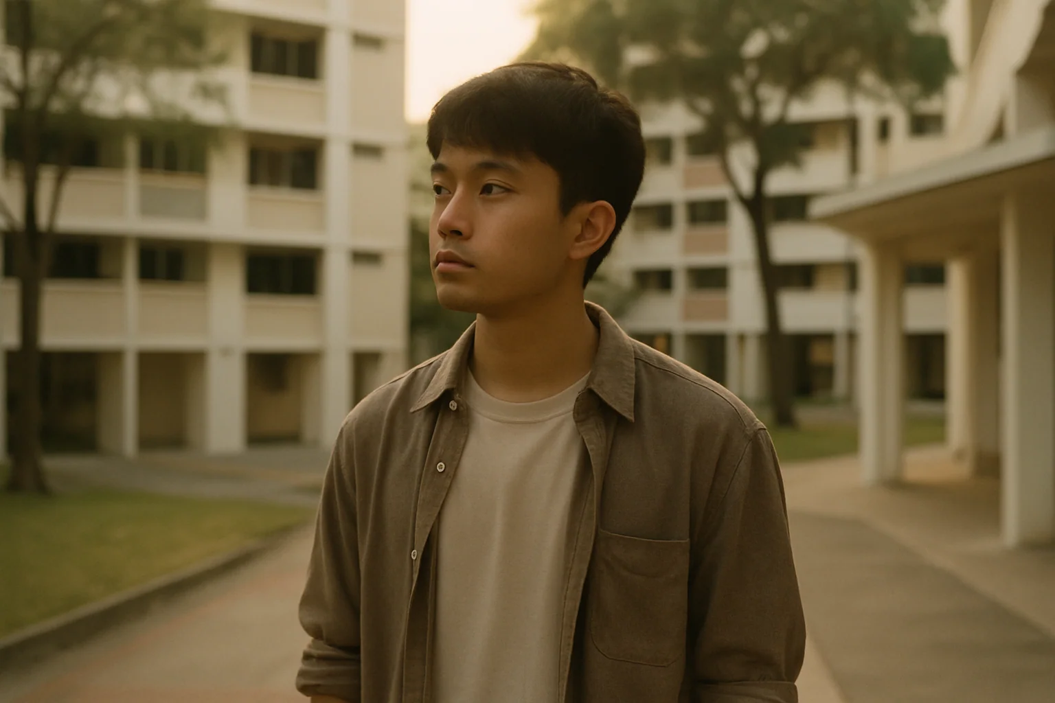 Hero image: A young Singaporean man in his early 20s in a thoughtful pose — casual clothing, urban Singapore background, conveying the transition from NS to civilian life. Not military imagery.