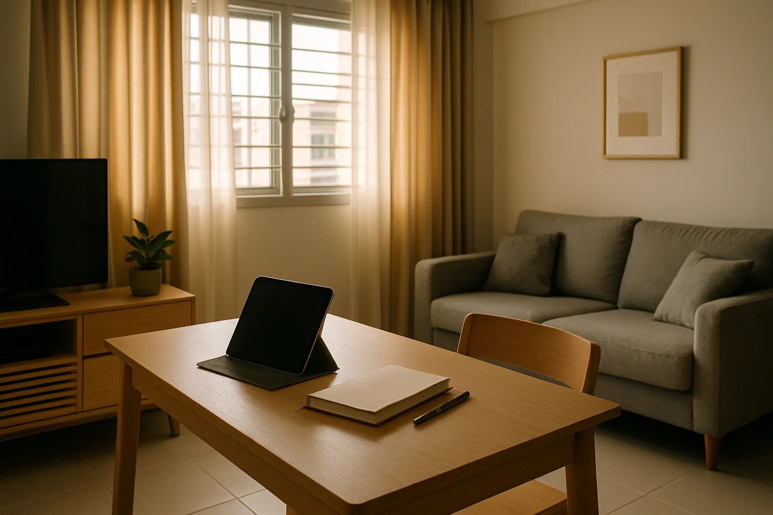 Singapore HDB living room with a man at a desk reviewing a tablet, warm natural light, calm professional atmosphere.