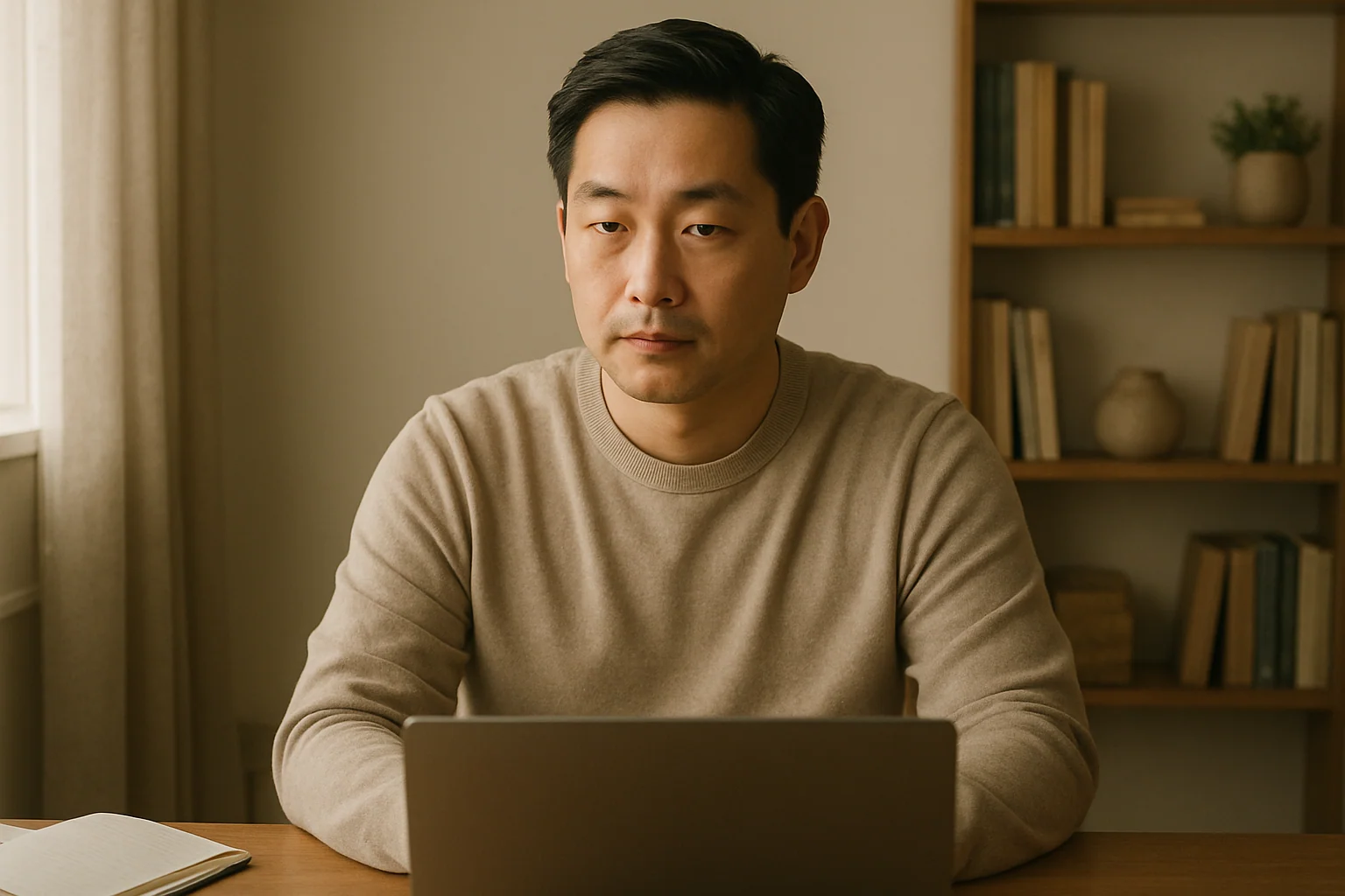 Hero image: Asian man in his 30s, sitting at a home desk in soft natural light, laptop open, appearing composed and focused — suggesting a private, low-stakes conversation rather than a clinical setting.