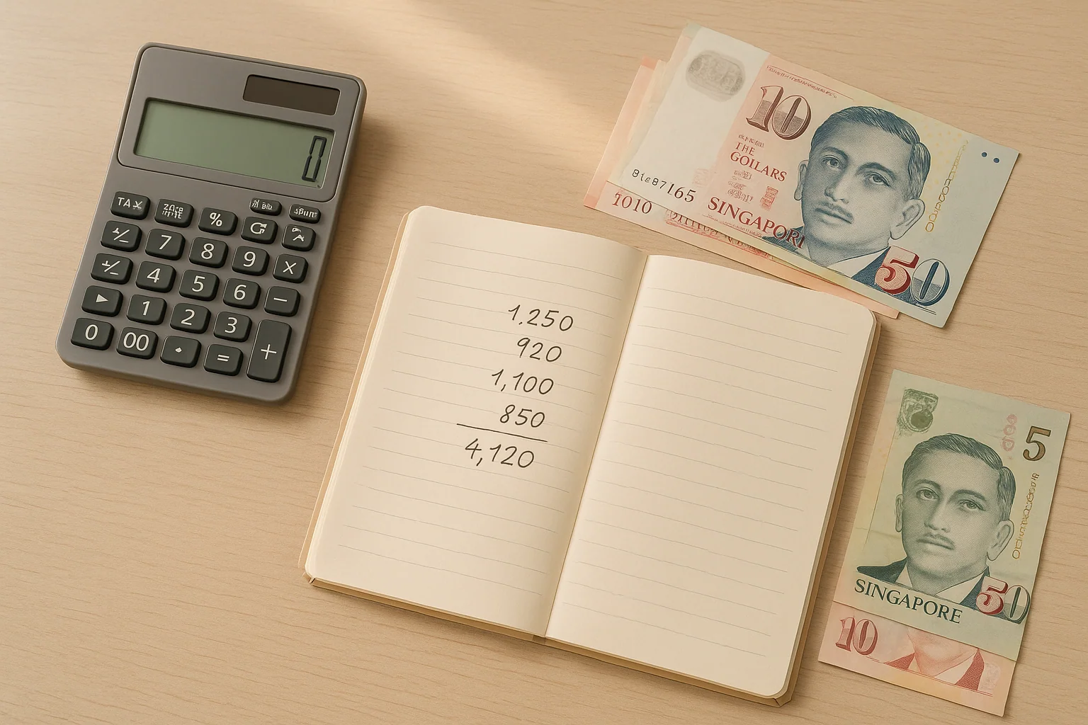 A Singapore SGD banknote on a wooden desk beside a calculator and notebook, soft daylight, calm financial planning composition.