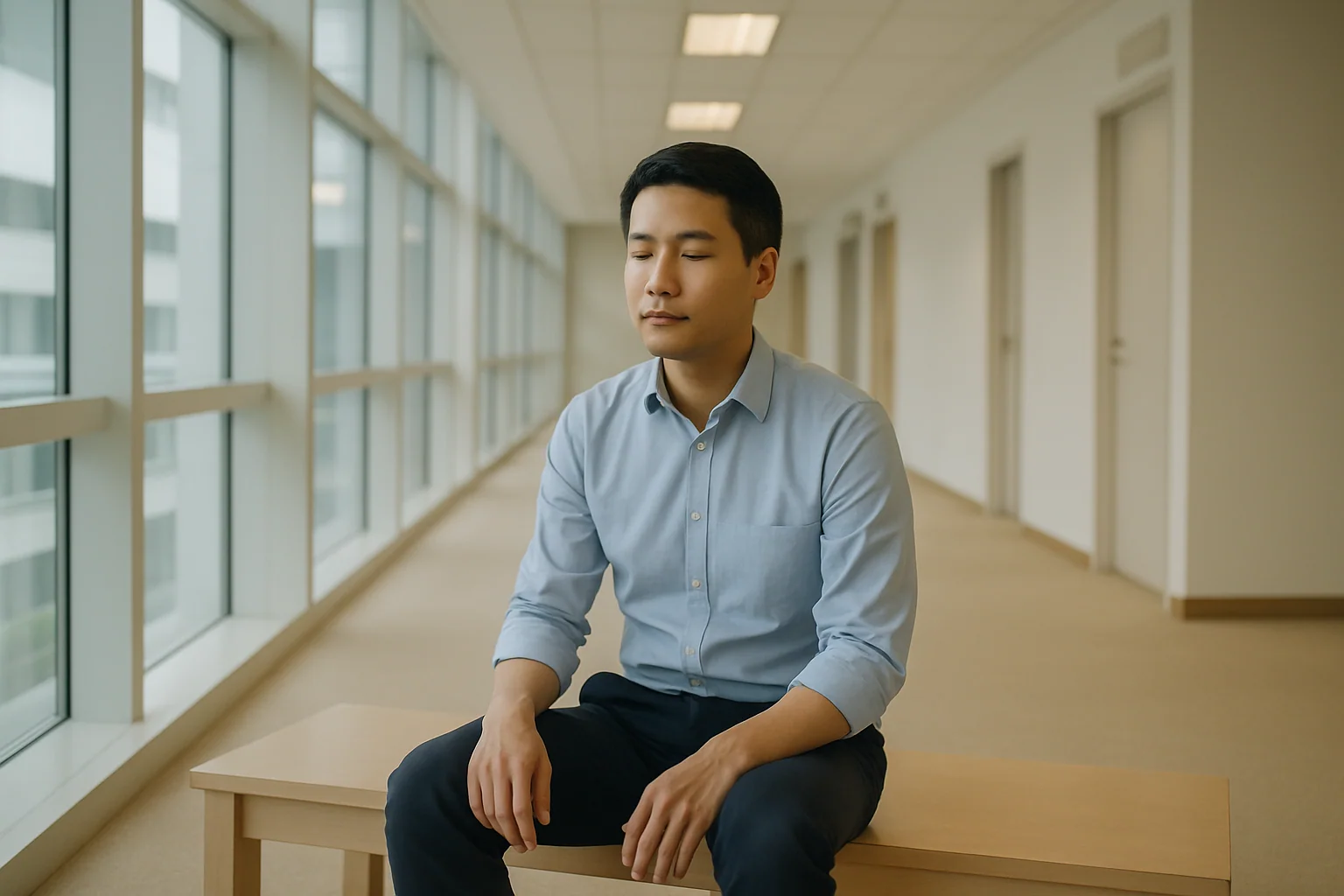 Hero image: an Asian man, 30s, sitting on the floor with his back against a wall in a corridor — not in distress but catching his breath, hands loosely on his knees. Harsh overhead light, clean institutional setting. Calm after an intense moment.