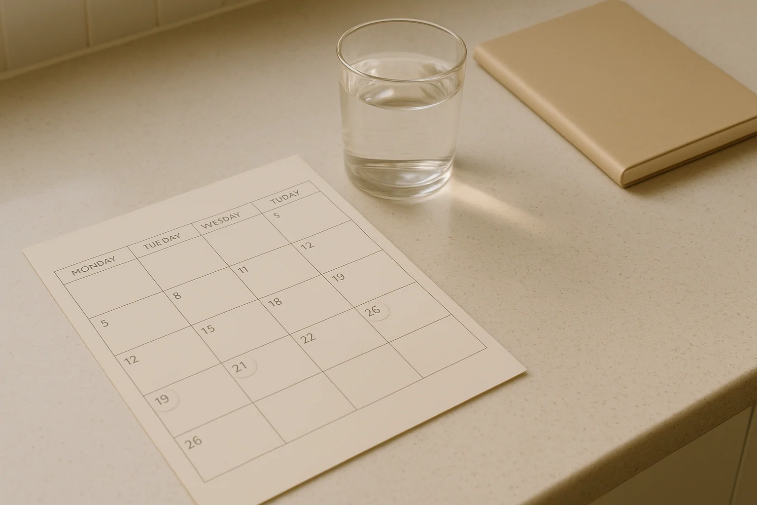 A weekly pill/injection organiser with one slot empty; bright Singapore kitchen background, natural morning light, calm and considered aesthetic.