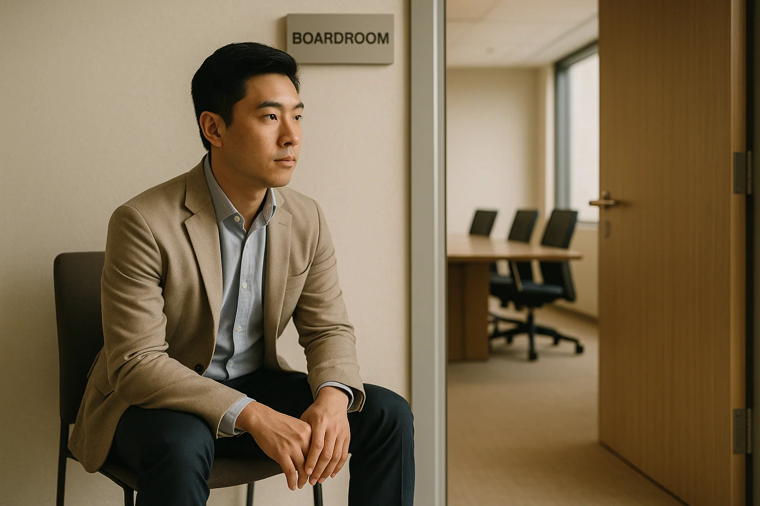 Hero image: an Asian man, late 20s–30s, sitting backstage at an event or just outside a boardroom door, gathering himself before going in — hands on knees, focused expression, Singapore professional setting. Neutral light, composed.