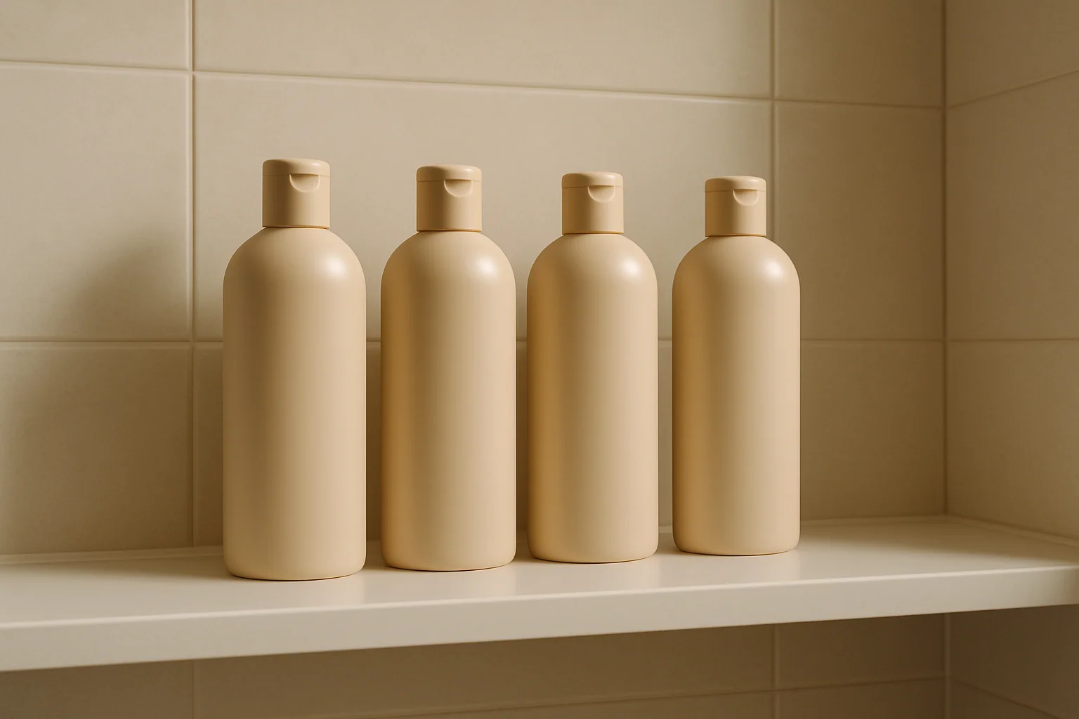 Hero image: Row of shampoo bottles in a modern bathroom — clean, editorial product shot on a neutral background. No branding visible. Minimal, lifestyle tone.
