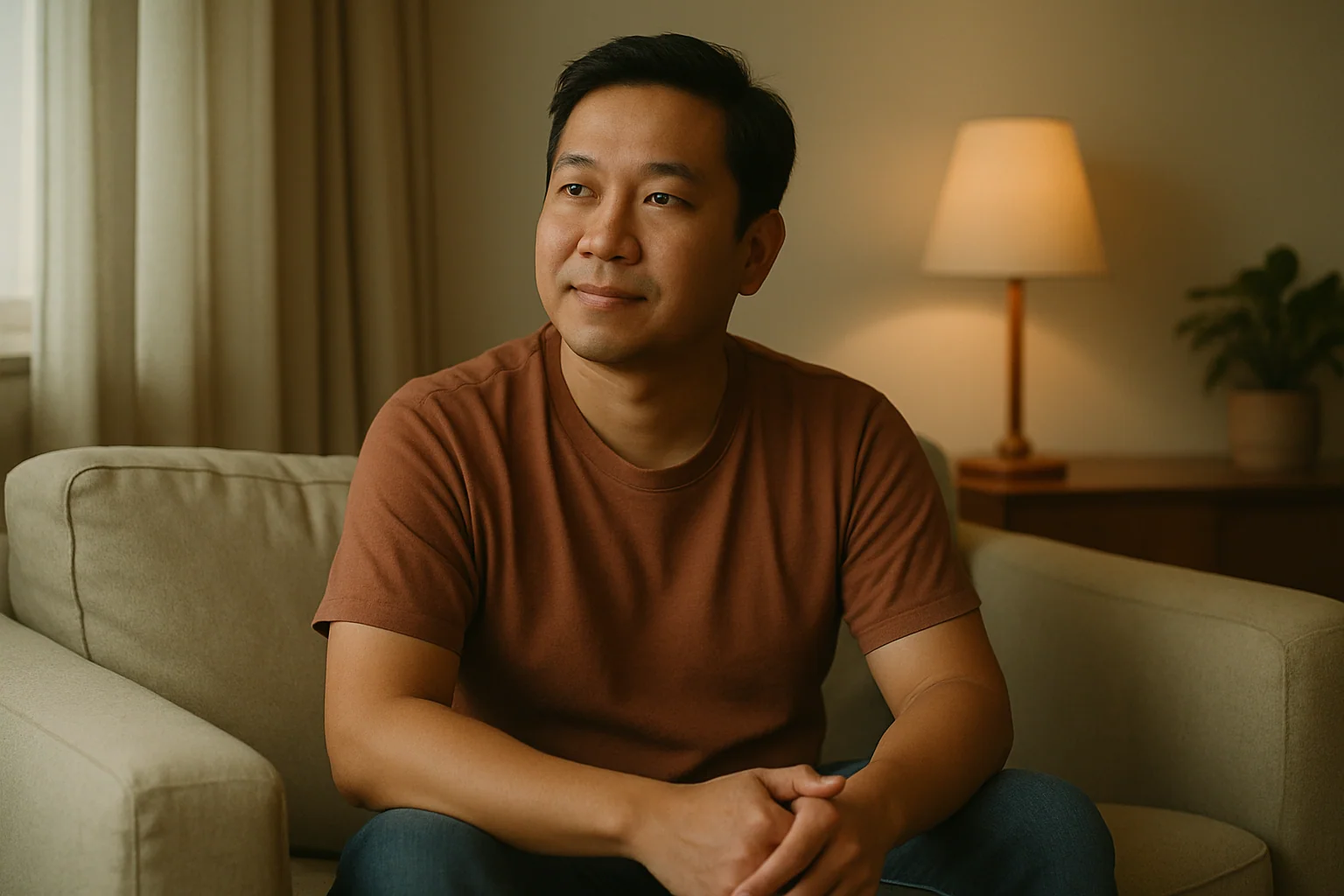 Hero image: A calm, thoughtful man in his late 30s sitting at home, relaxed expression, warm indoor lighting — conveying reflection and reassurance rather than anxiety.