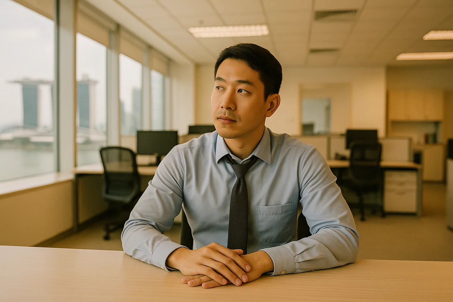 Hero image: close-up of an Asian man, early 30s, sitting at a desk in a Singapore office, tie loosened, hands clasped on the desk, looking distant but composed — fluorescent lighting, muted warm tones, not dramatic or distressed.