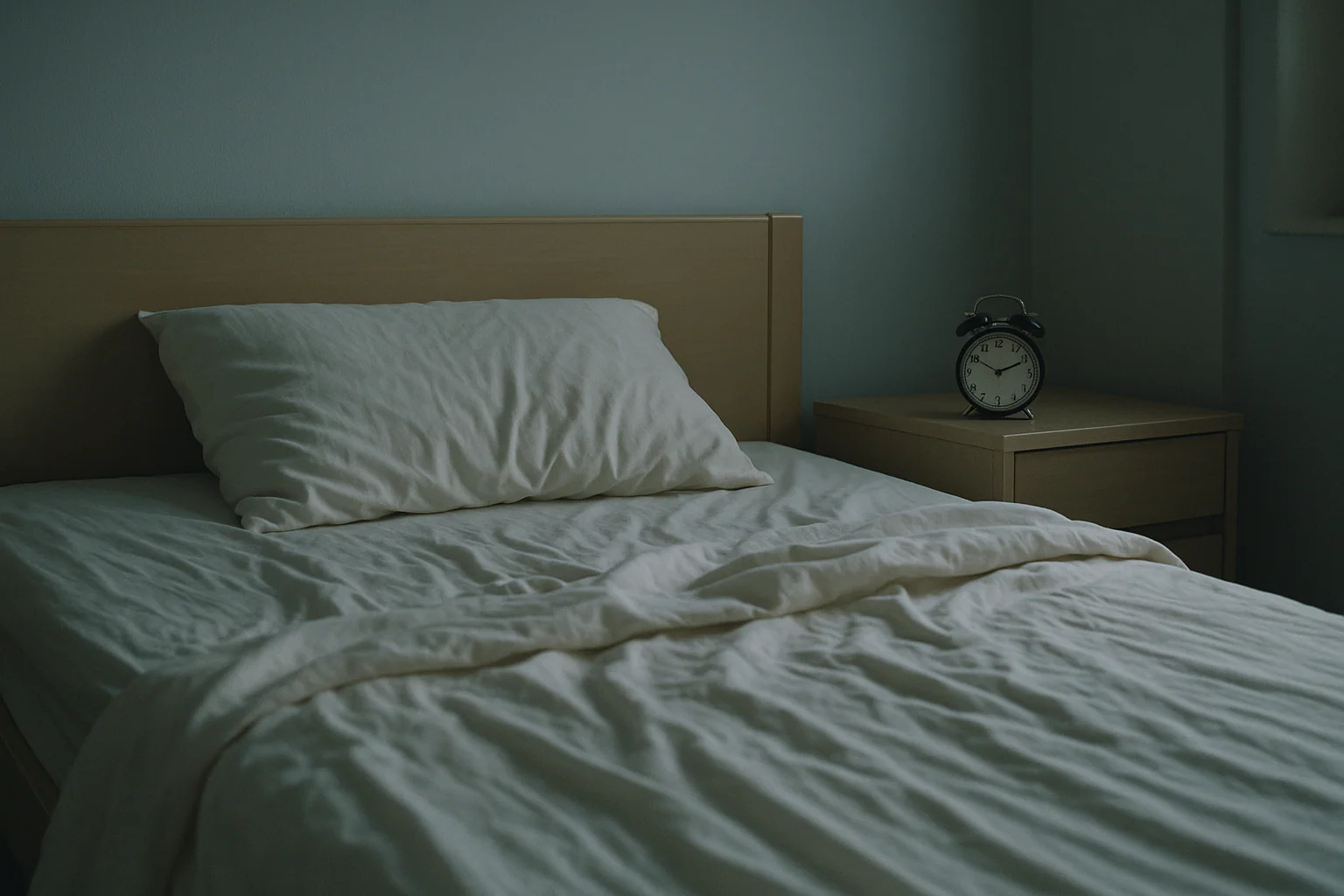 Hero image: a close view of a bed in a darkened Singapore bedroom — a man asleep, slightly rumpled sheets, alarm clock visible. Intimate domestic scene suggesting disrupted rather than peaceful sleep. Blue-grey night light.