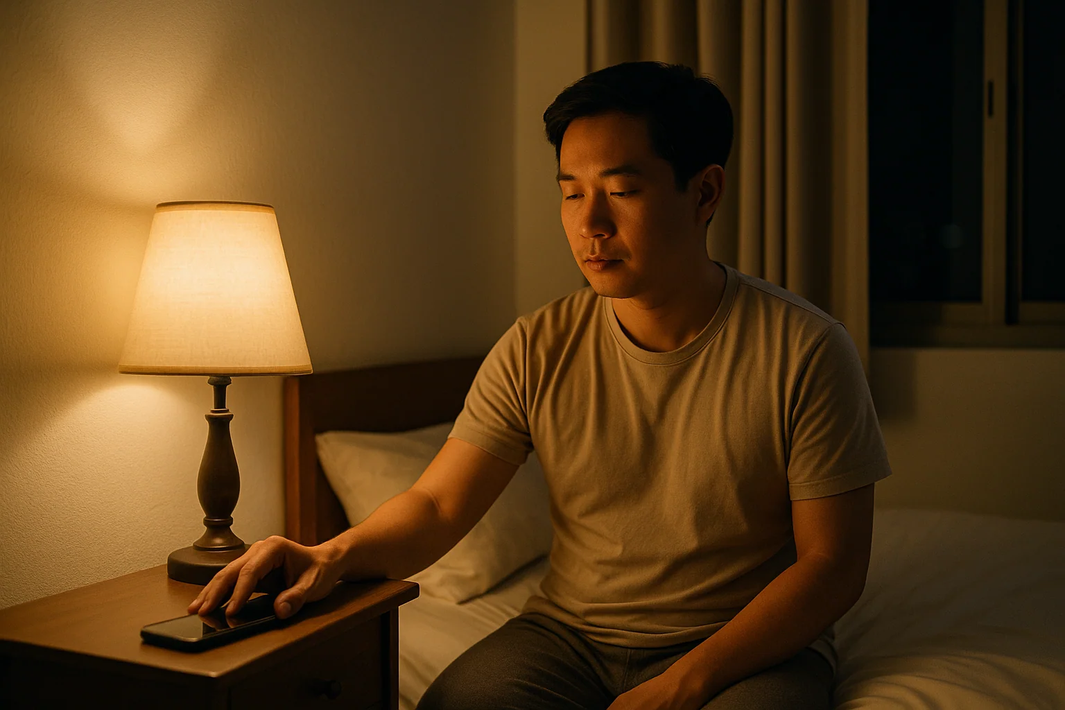 Hero image: an Asian man, 30s, in a dark, clean Singapore bedroom — putting his phone down on the bedside table face down, preparing for sleep. Calm, deliberate posture. Warm low light from a bedside lamp.