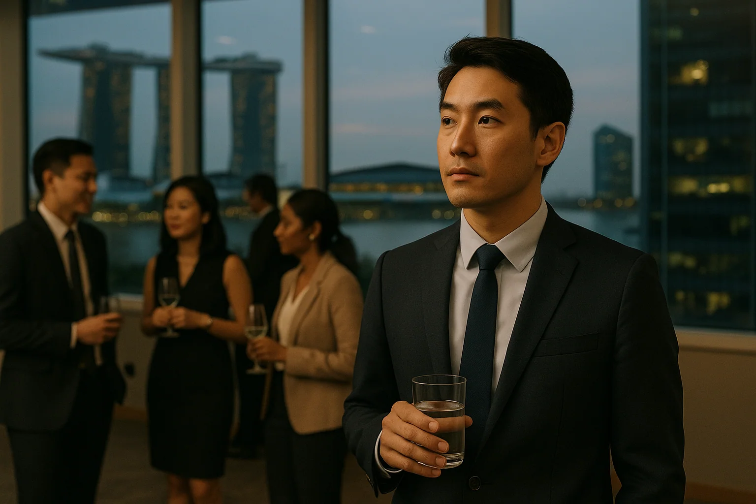 Hero image: an Asian man, 30s, standing slightly apart from a group of smartly dressed colleagues at a Singapore office networking event — glass of water in hand, slightly turned away, neutral expression. Modern office setting, evening light.