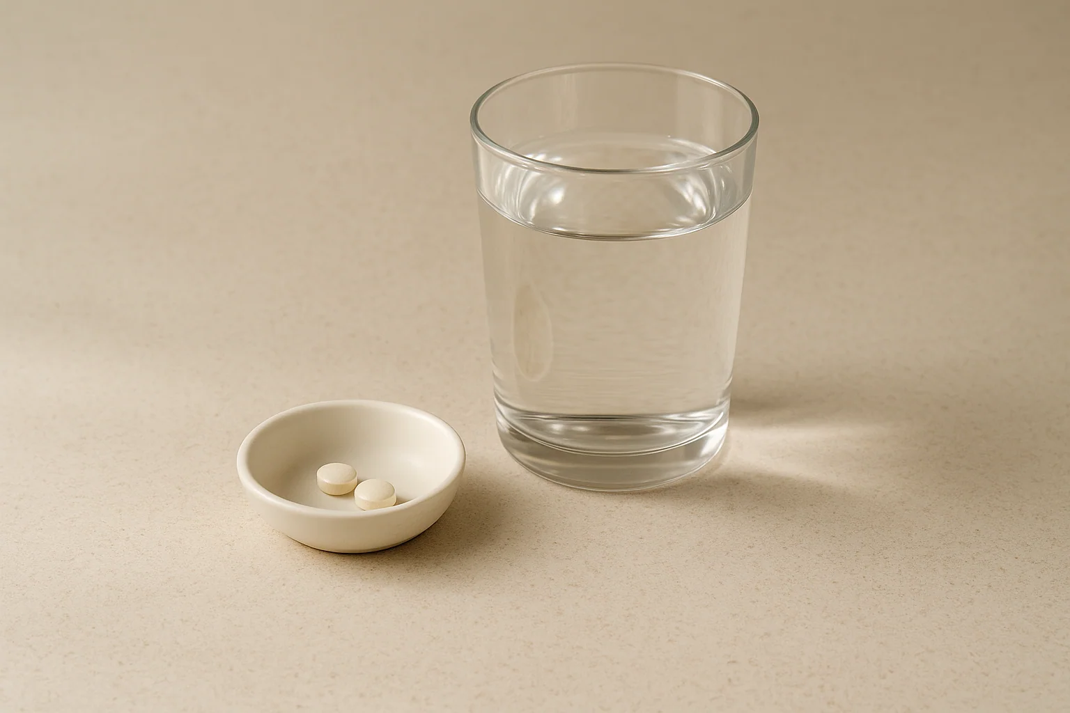 Hero image: close-up of a prescription medication blister pack on a clean white surface alongside a glass of water — minimal, clinical, non-dramatic.