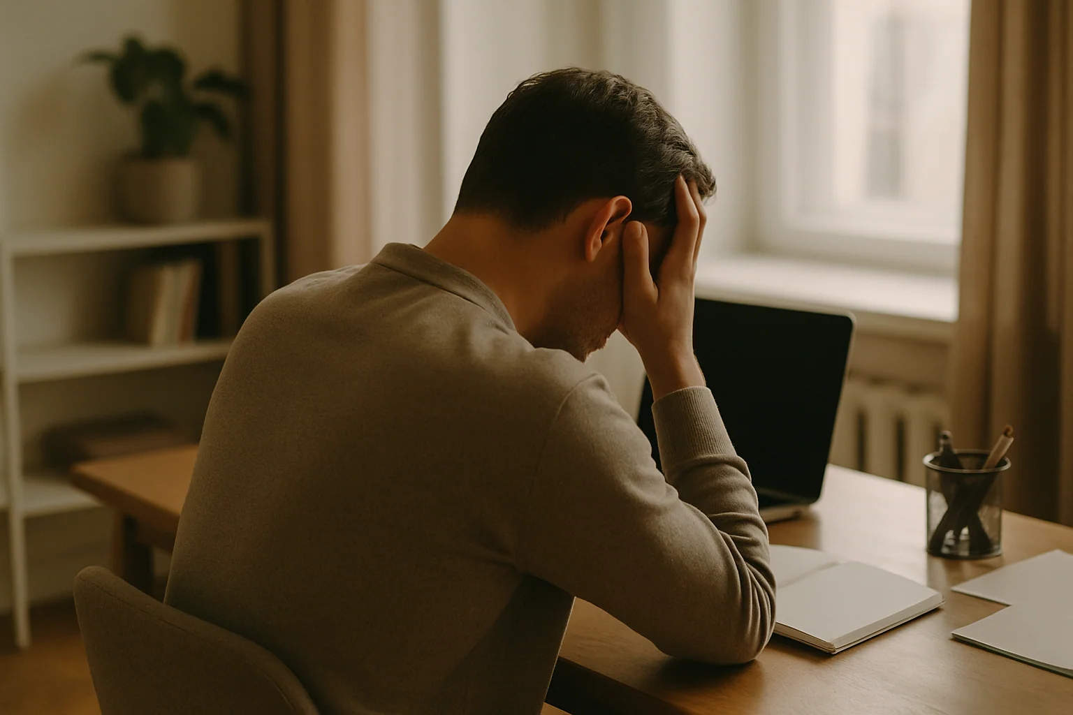 Hero image: Man at a desk, hand on forehead, looking stressed — shown from behind or at an angle without a clear face. Soft, natural lighting. Relatable, human tone.