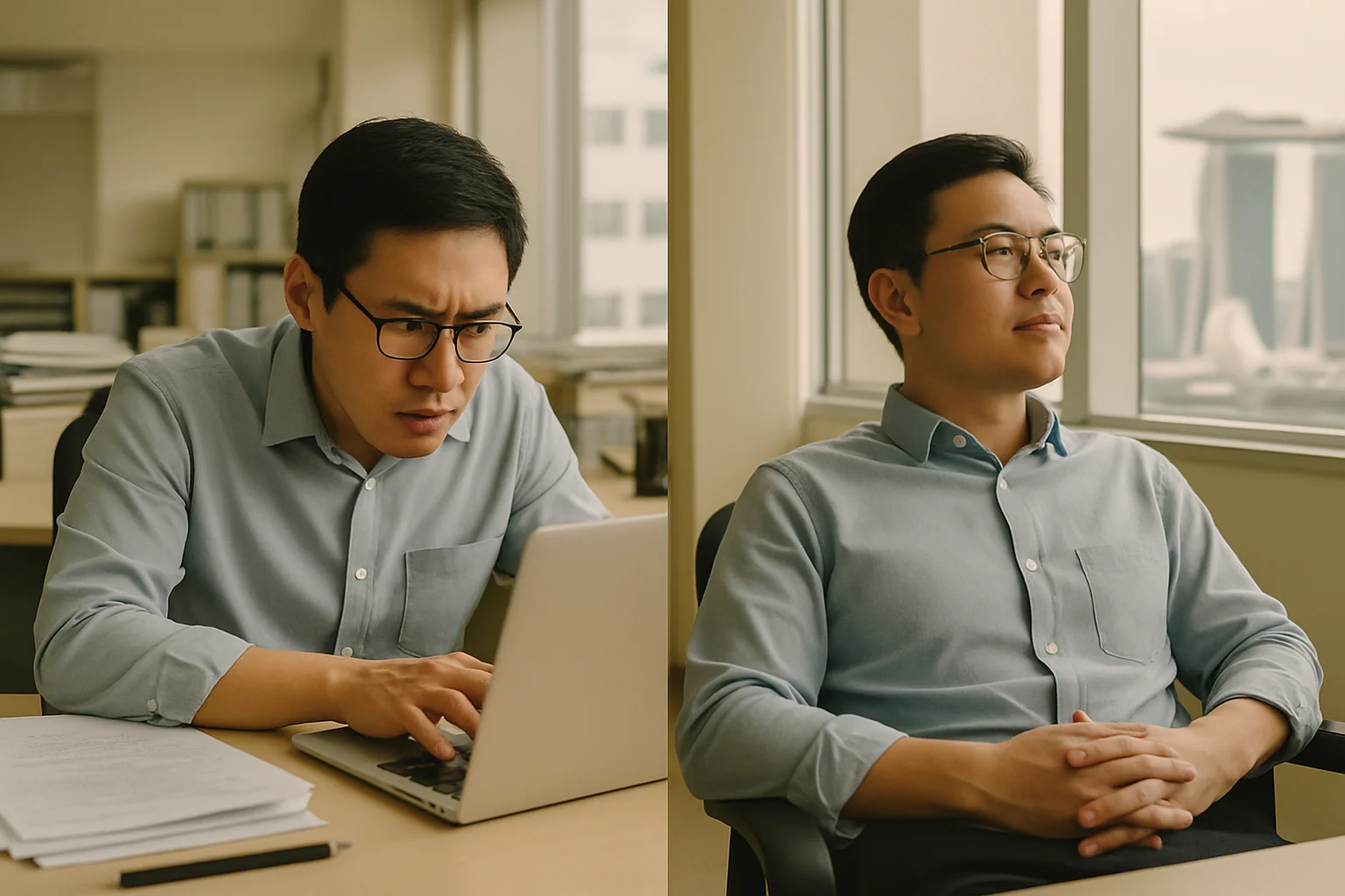 Hero image: split composition — left side shows an Asian man, 30s, sitting at a crowded desk looking pressured but alert; right side shows the same man slumped back in a chair, looking flat and disengaged. Clean editorial style. Singapore office context.