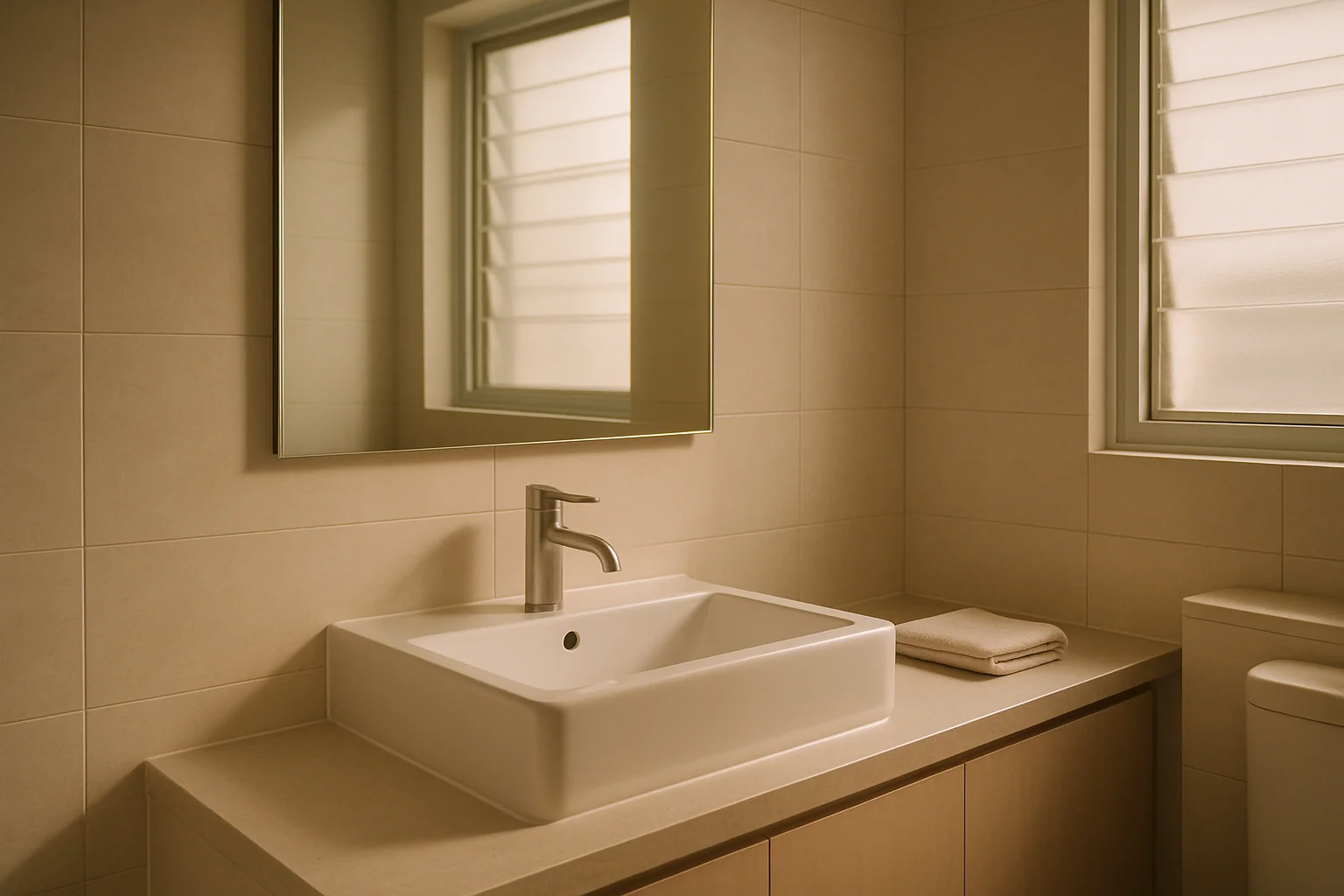Hero image: A clean, modern bathroom setting — sink, mirror — morning routine aesthetic. Calm and private. Not clinical or pharmaceutical-looking. Singapore apartment feel.