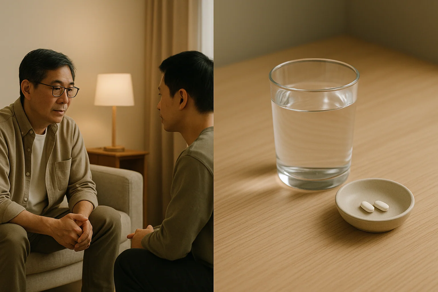 Hero image: split composition — one side shows a man in a quiet conversation setting (therapy context), the other a clean desk with water and a small medication pack — both presented as calm and ordinary, not medical or clinical.