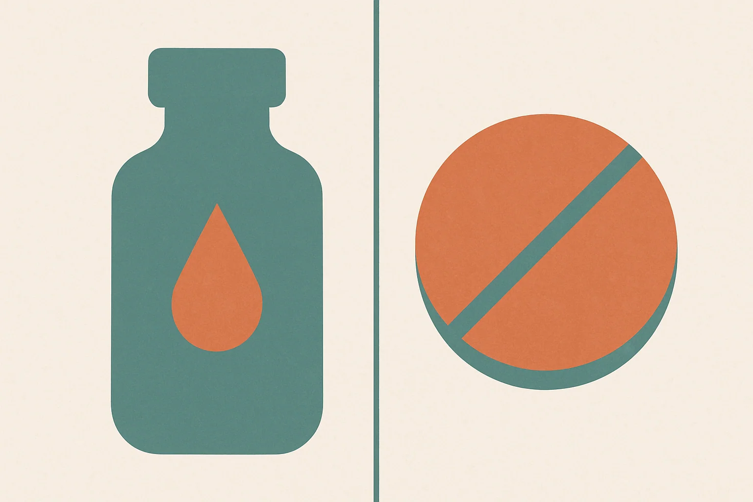 Two items side by side: a topical minoxidil dropper/foam can on the left, a small white pill/tablet on the right. Clean flat-lay on a white or marble surface. Clinical-minimal aesthetic, no faces, no brand names visible.