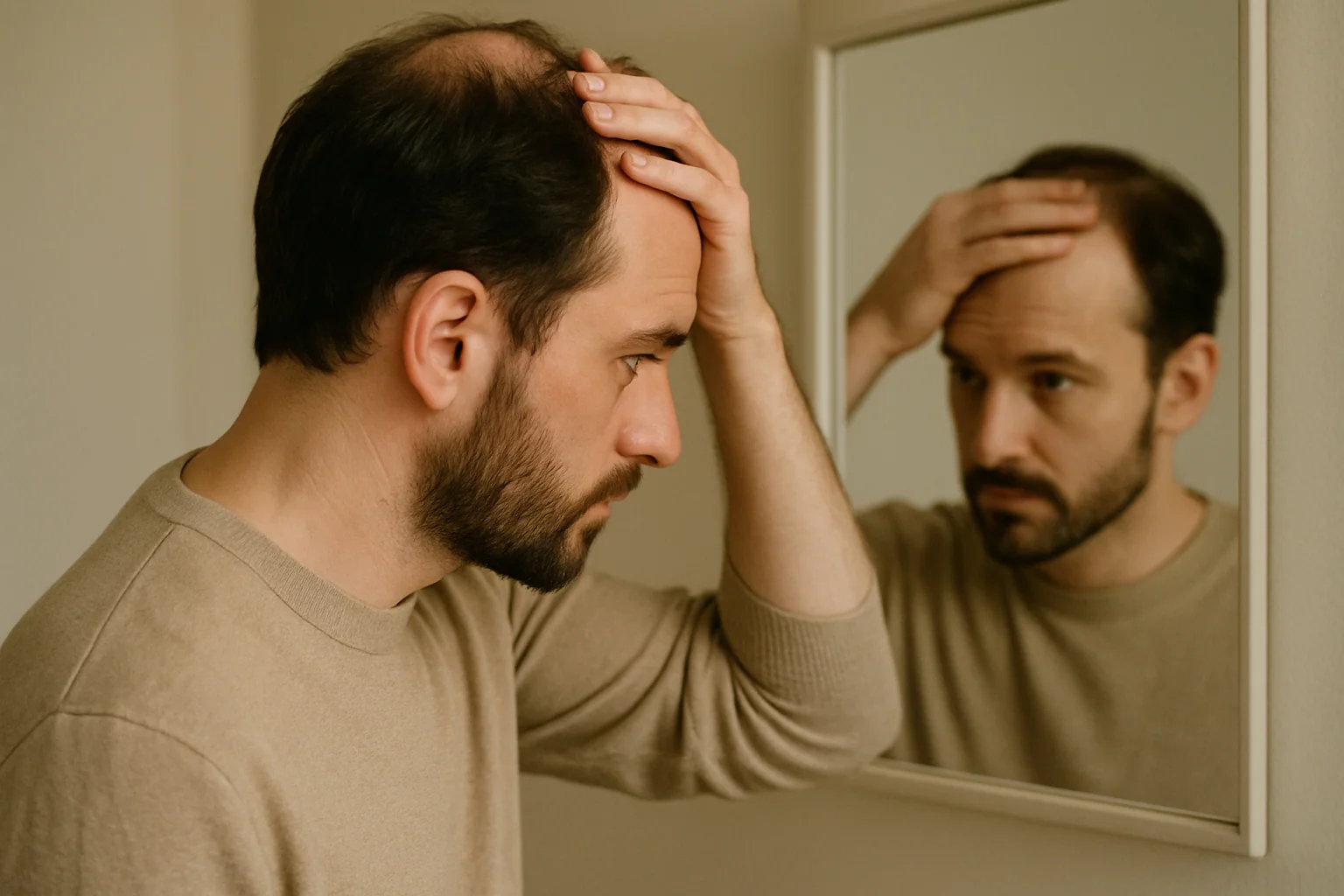 Hero image: Split-panel illustration — left side shows a pill blister pack and a minoxidil bottle, right side shows a man looking pensively in a mirror examining his hairline. Clean, minimal style. No faces visible.