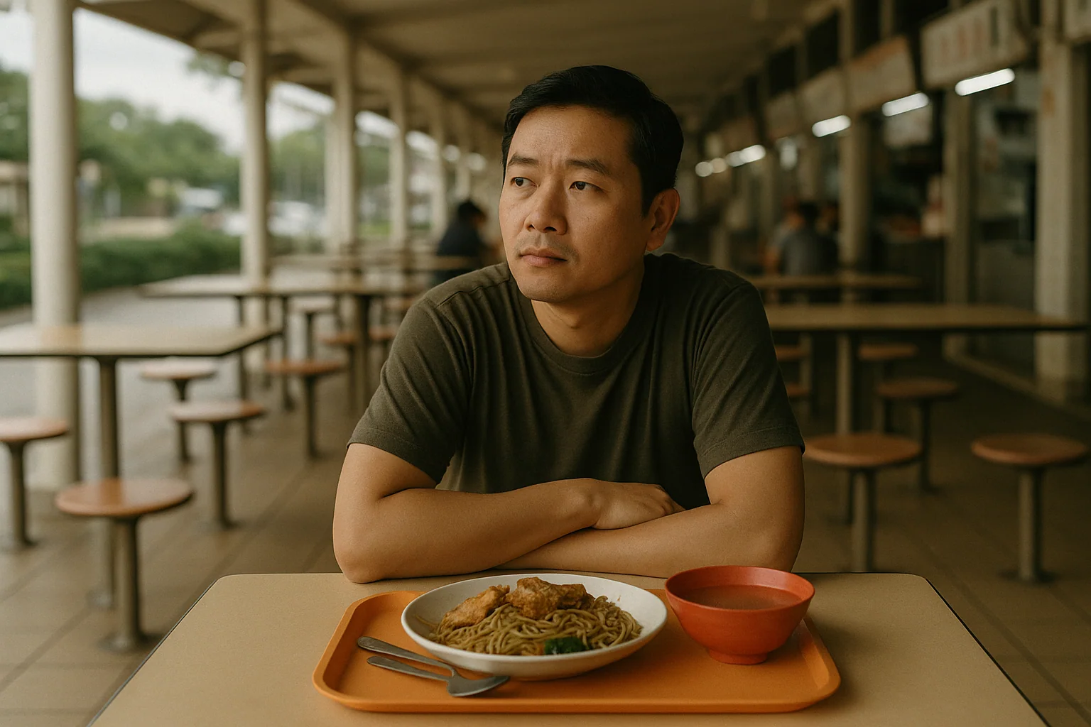Hero image: an Asian man, 30s–40s, sitting alone at a hawker centre table in Singapore with untouched food in front of him, looking downward — natural outdoor light, slightly overcast. Quiet, not dramatic.