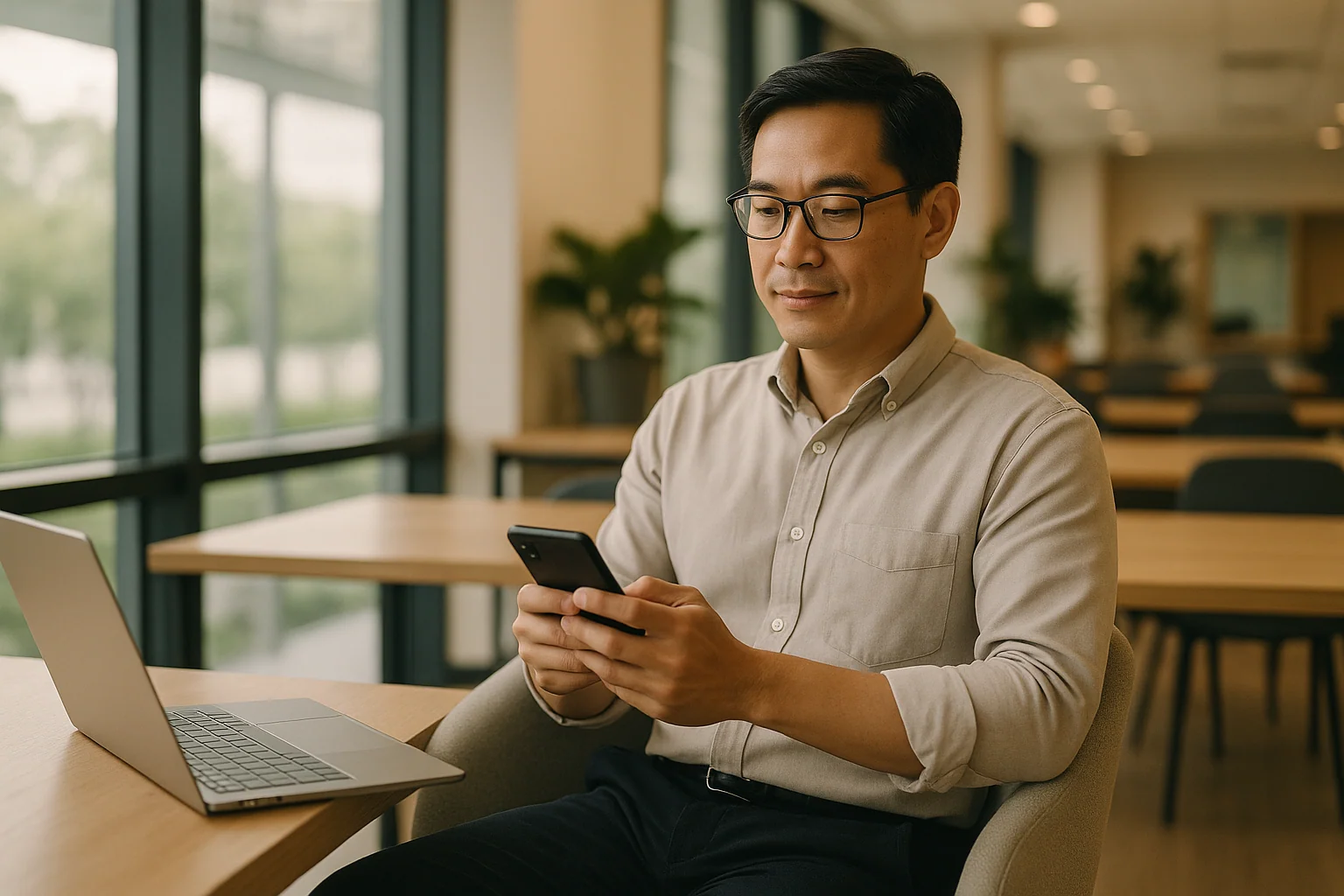 Hero image: an Asian man, 35–45, on his phone in a quiet corner of a modern Singapore co-working space — posture open, typing — the body language of someone taking a step they've been putting off. Soft natural light.
